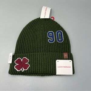 Lucky Brand Rifle Green Knit Beanie, Patch Embroidered Shamrock Winter Hat.